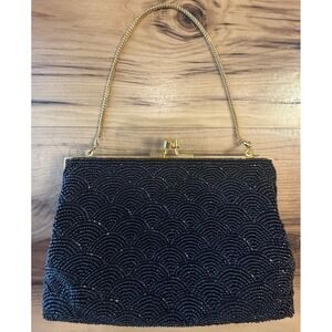 Vtg Walborg Hong Kong Black Beaded Kiss Lock Evening Clutch Gold Chain